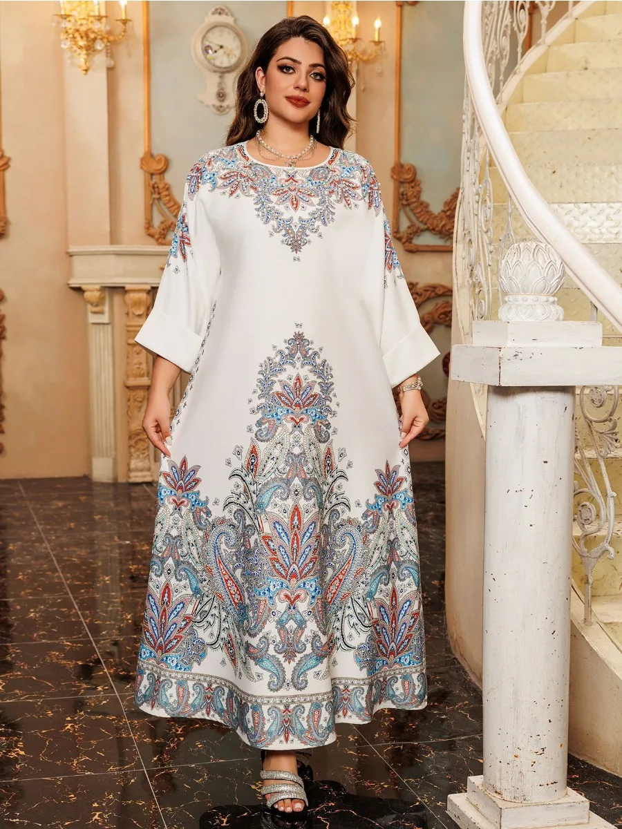 Muslim Women Dubai Abaya Print Dress Pearls Vestidos Party Long Robe Morocco Kaftan Eid Ramadan Modest Dresses Jalabiya Abayas