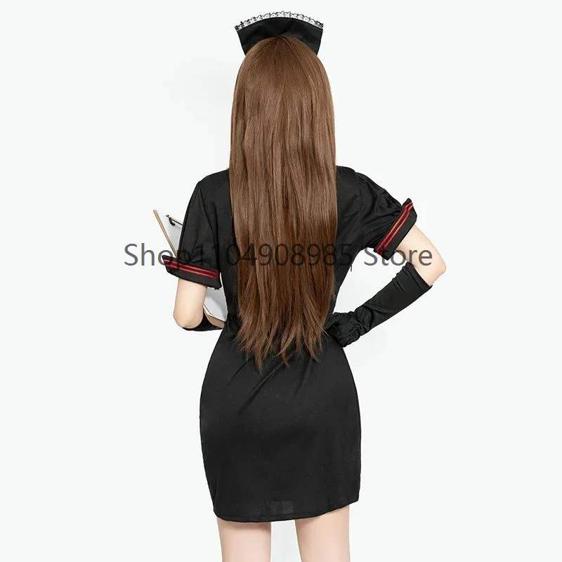 Women Dark Nurse Cosplay Costume Black Short Sleeve Slit Dress With Accessorie Halloween Masquerade Fancy Party Outfit For Ladie view 4