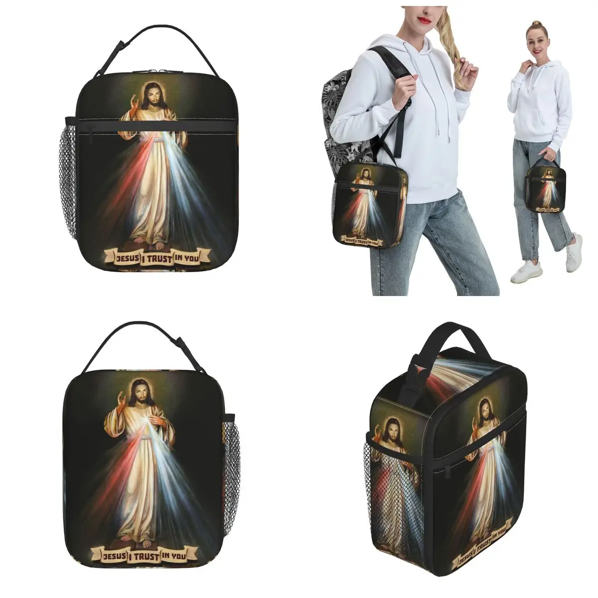 Catholic Divine Mercy Christ Product Insulated Lunch Bags For Office Jesus I Trust in You Food Storage Bag Cooler Lunch Box