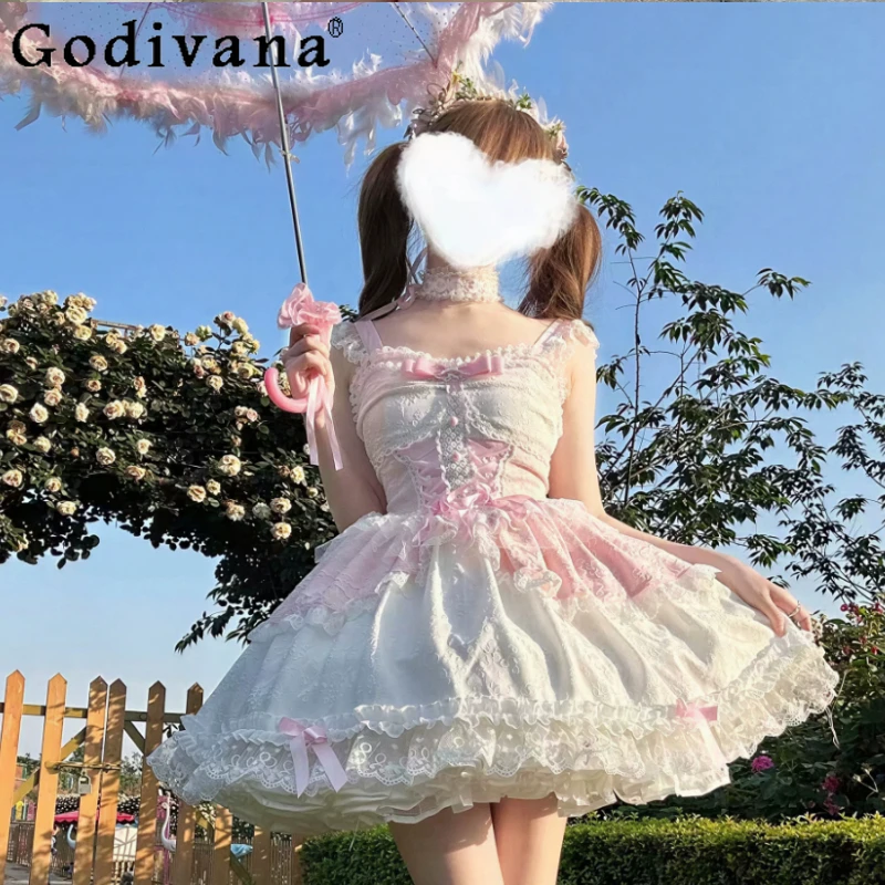 

New Sweet Lolita Princess Lace Slash Neck Girl Suspender Dress Cute Maid Bow High Waist A-line Ballet JSK Short Cake Dresses
