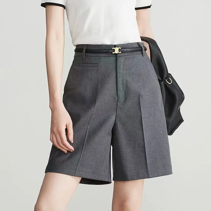 

Gray Casual Suit Wide-leg Shorts for Women New Style Loose and Slim Versatile Five-point Straight Pants