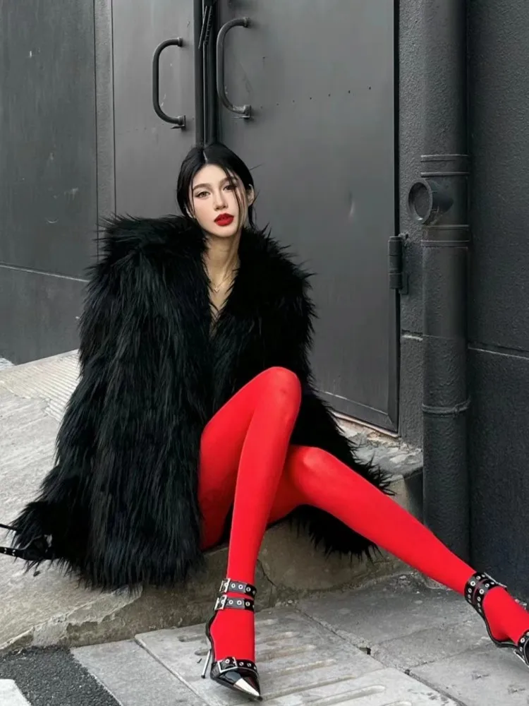 

Ele Bla Fur Coat Women's Mid-Length Faionable Eco-Friendly Outerwear Korean Sle Single-Breasted Long Sve