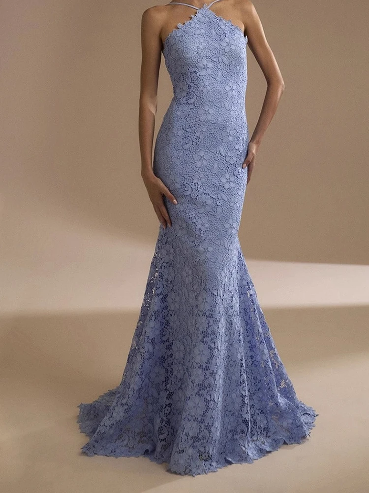 

Elegant Pure Sleeveless Fit Fishtail Dress High Waist Backless Floor-length Dress Sexy Off Shoulder Lace Embroidery Halter Dress