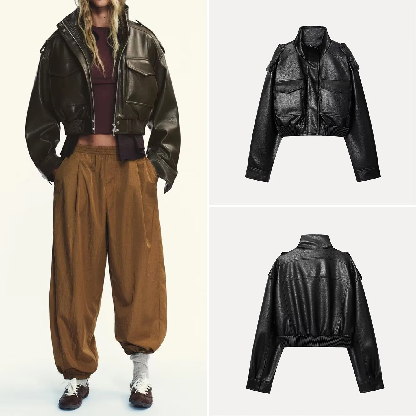 

Z Women's Faion Stand Collar Long Sve Faux Leather Effect ort Jaet Casual Sle Autumn Collection 2025