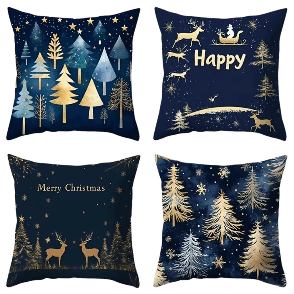 4PCS Reindeer Christmas Pillow Covers Tree Snowflake Pumpkin Xmas Pillowslip 2D Flat Pattern Dwarf Snowman Pillowcase Sofa