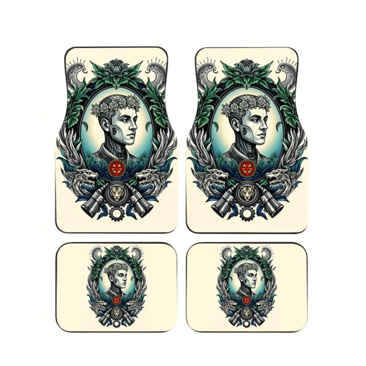 4Pcs Cyberpunk Tattoo Style Portrait Car Floor Mats Floral Ornate Auto Foot Carpets Set Interior Accessories For SUV Truck Gift