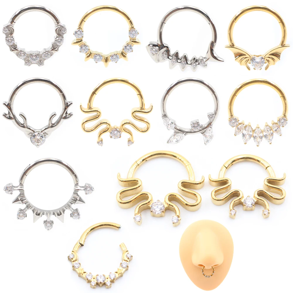 1PC Titanium Fishbone Snake Bat Leaf Antler Zircon Nose Rings Ear Captive Tragus Cartilage Helix Hoop Earring Piercing Jewelry