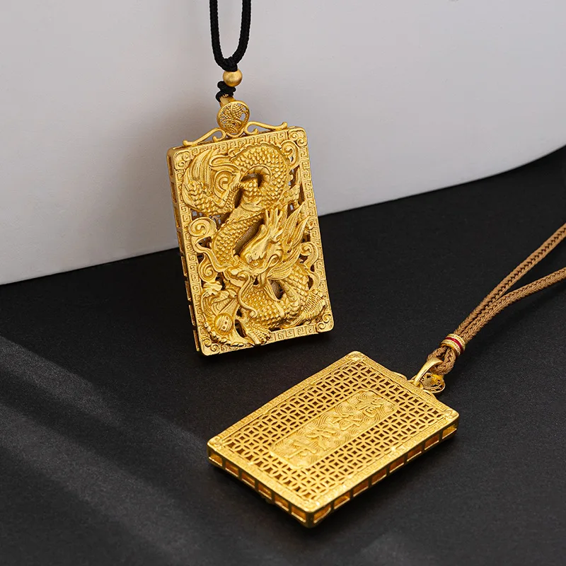 

New Chinese Vintage Dragon Square Pendant Necklace For Men Women Traditional Lucky Amulet Imitation Gold Stylish Jewelry