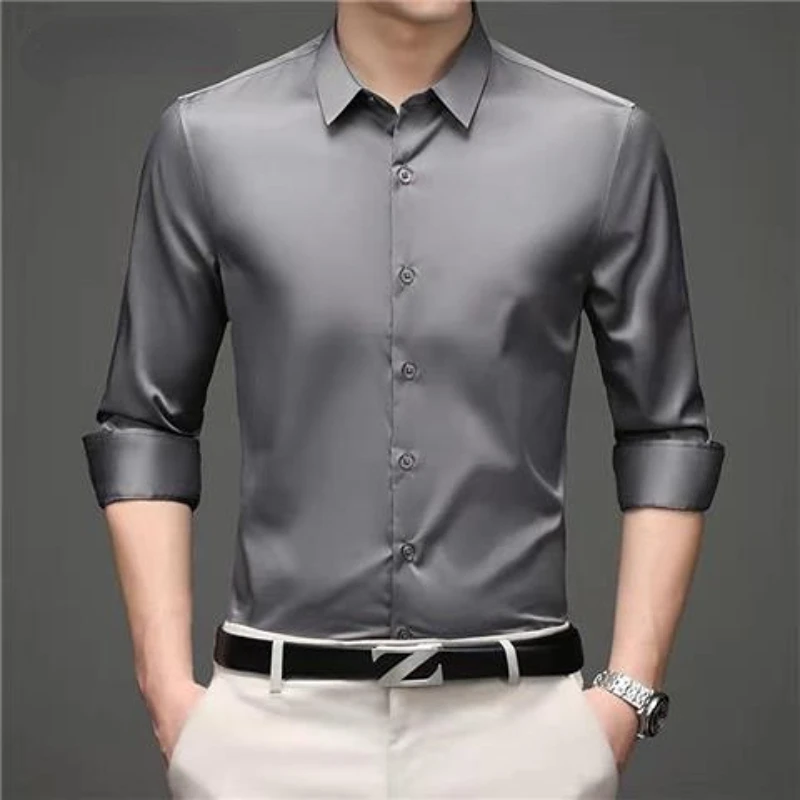 Spring and Summer Long-sleeved Men's Shirt Thin Business Dress Ice Silk Wrinkle Resistant Non-ironing Solid Color POLO Collar