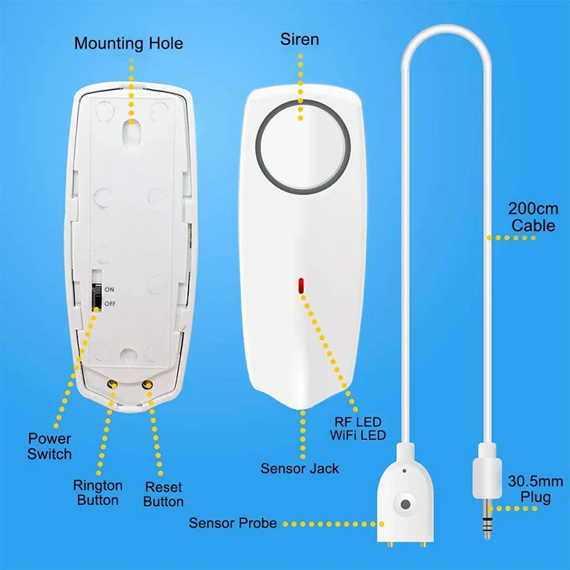 Tuya-Détecteur de fuite d'eau WiFi, batterie aste, capteur, alarme 80dB, surveillance à distance via l'application