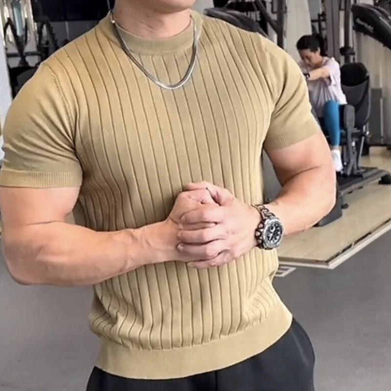 

Summer Knitted Striped Short Sleeved T-shirt Men's Sports Fitness Base Shirt Versatile Loose Round Neck Casual Business T-shirt