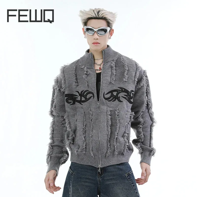 FEWQ Men\'s Knitted Cardigan Sweater Niche Fringed Metal Pattern Design Clothing Round Neck Versatile Casual Male Jacket 24E2810