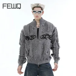 FEWQ Men's Knitted Cardigan Sweater Niche Fringed Metal Pattern Design Clothing Round Neck Versatile Casual Male Jacket 24E2810