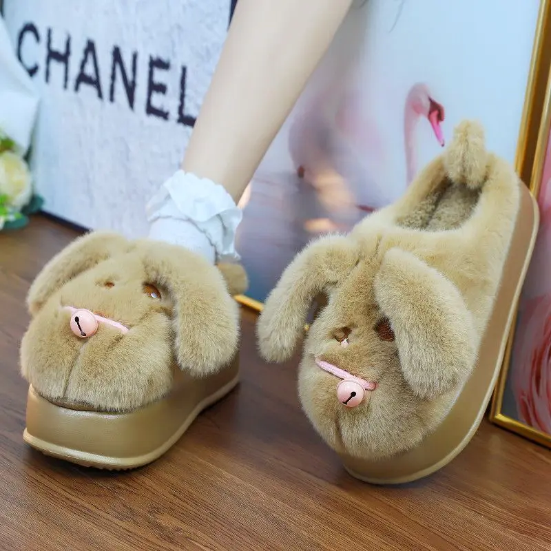 New super soft pink bunny slippers winter women\'s warm high platform furry mules shoes with bells woman plush rabbit flip flops