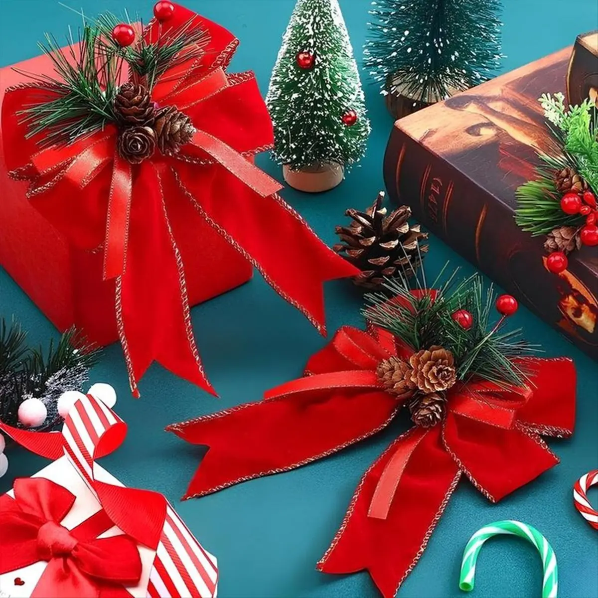 2026 Trend 12PCS Christmas Black Red Bow with Pine Cones Pine Needles Xmas Checkered Ribbon Bow Christmas Tree Decoration Bows