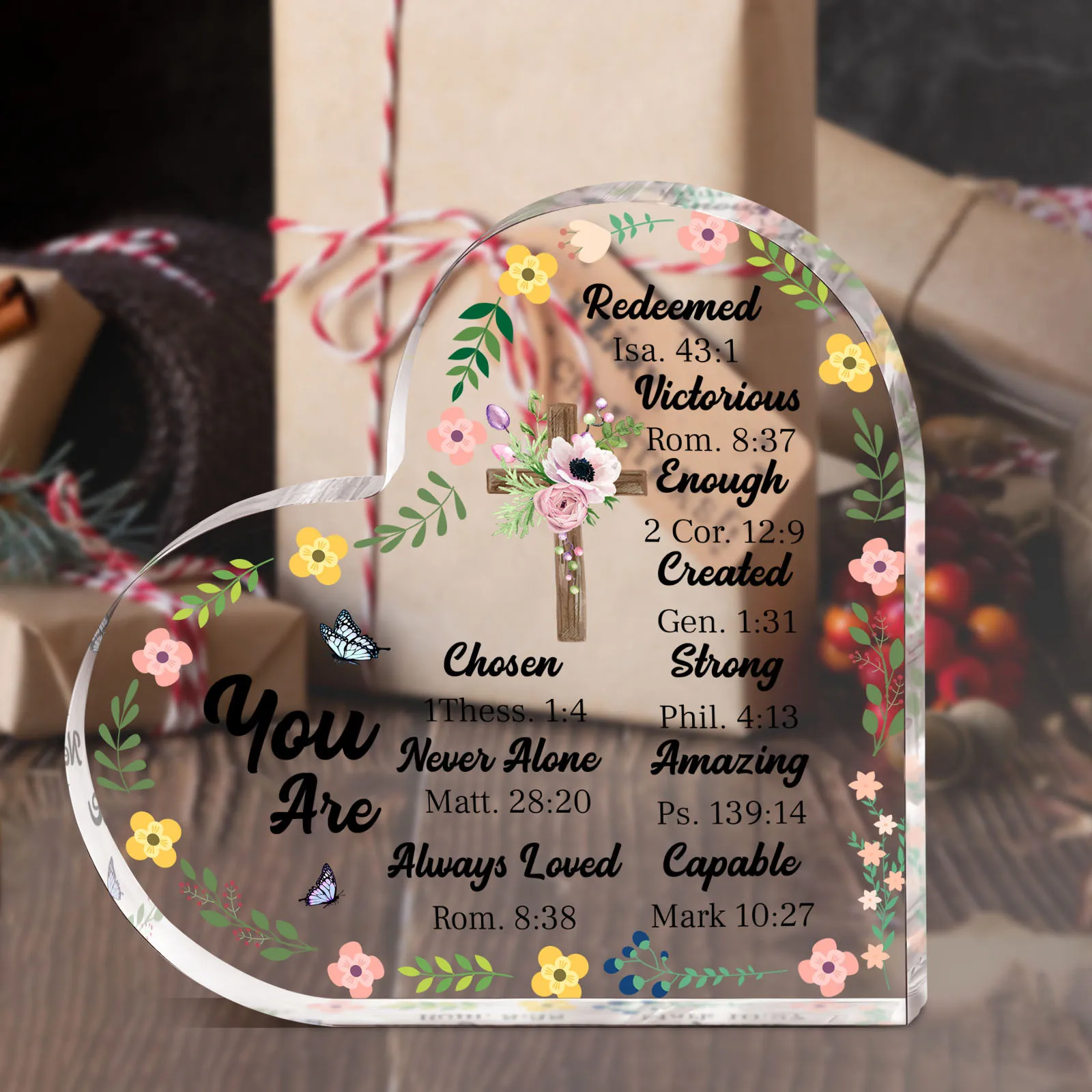 Heart Acrylic Desk Plaque You Are Redeemed Chosen Loved, Christian Cross Floral Bible Verse Decor