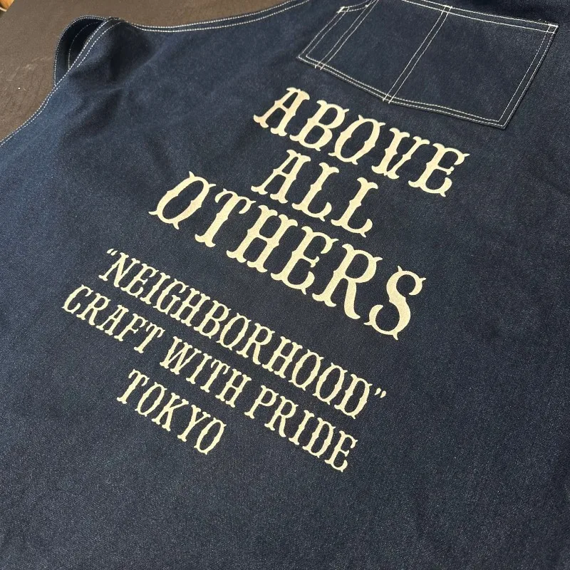 NBHD Vintage Washed Denim Fabric Monogram Print Coffee Shop Workwear Cargo Apron Craftsman Cover-Up