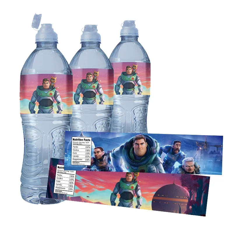 24 Uds Toy Story Buzz Lightyear pegatinas para botellas de agua Baby Shower bautizo etiqueta autoadhesiva etiquetas adhesivas para fiesta de cumpleaños