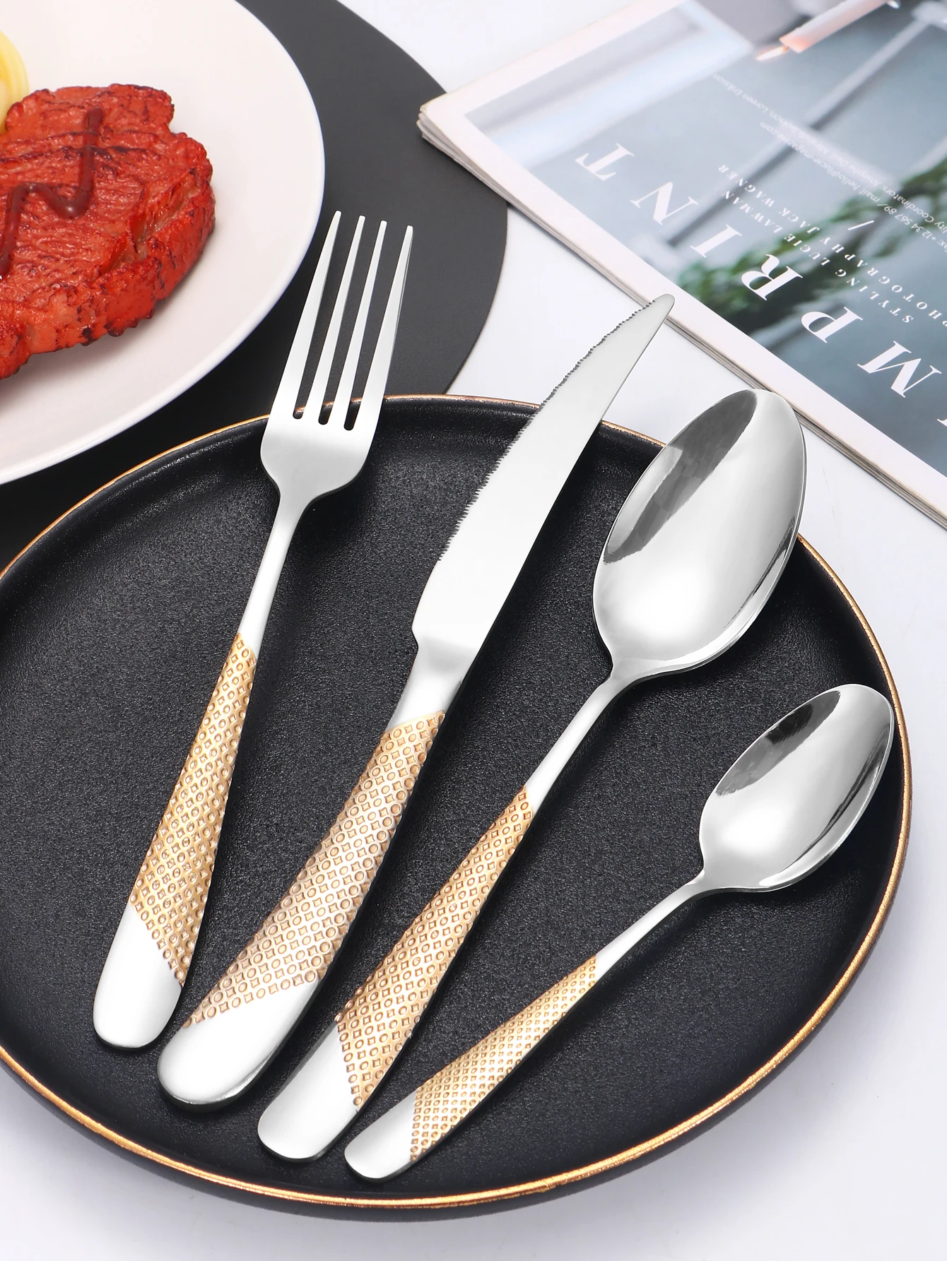 24pc Stainless steel tableware star steak knife and fork dessert fork spoon family suits