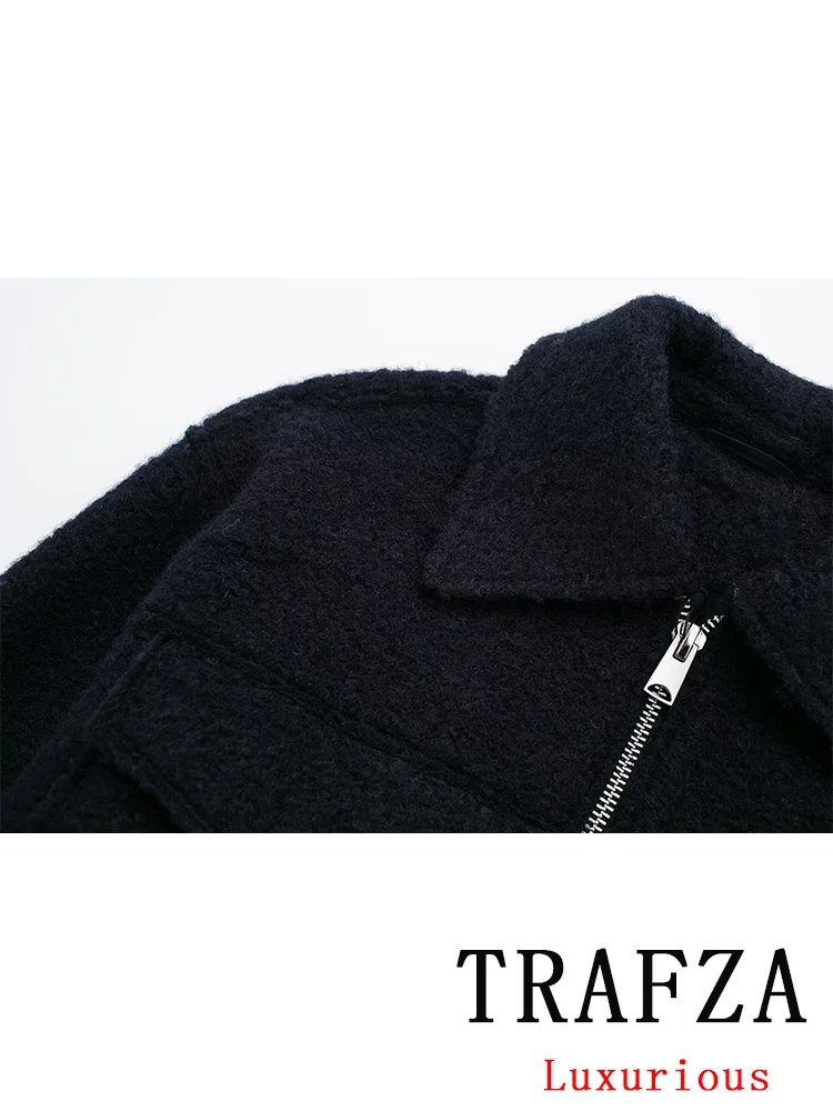 TRAFZA Vintage Casual Chic Solid Women Jackets Turn-down Collar Pockets Zipper Long Sleeve Coats New Fashion 2024 Spring Coats