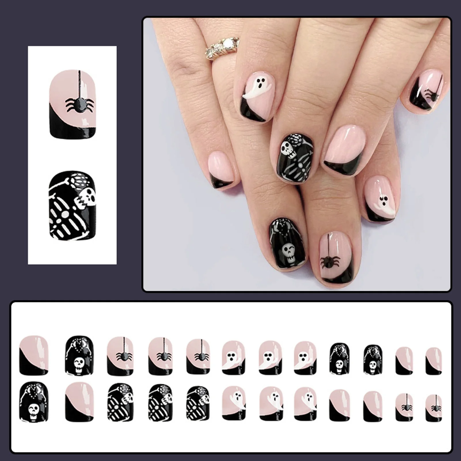 Pink Black Short Fake Nails with Ghost Printed Sweet & Charming Reusable False Nails for Stage Performance Wear