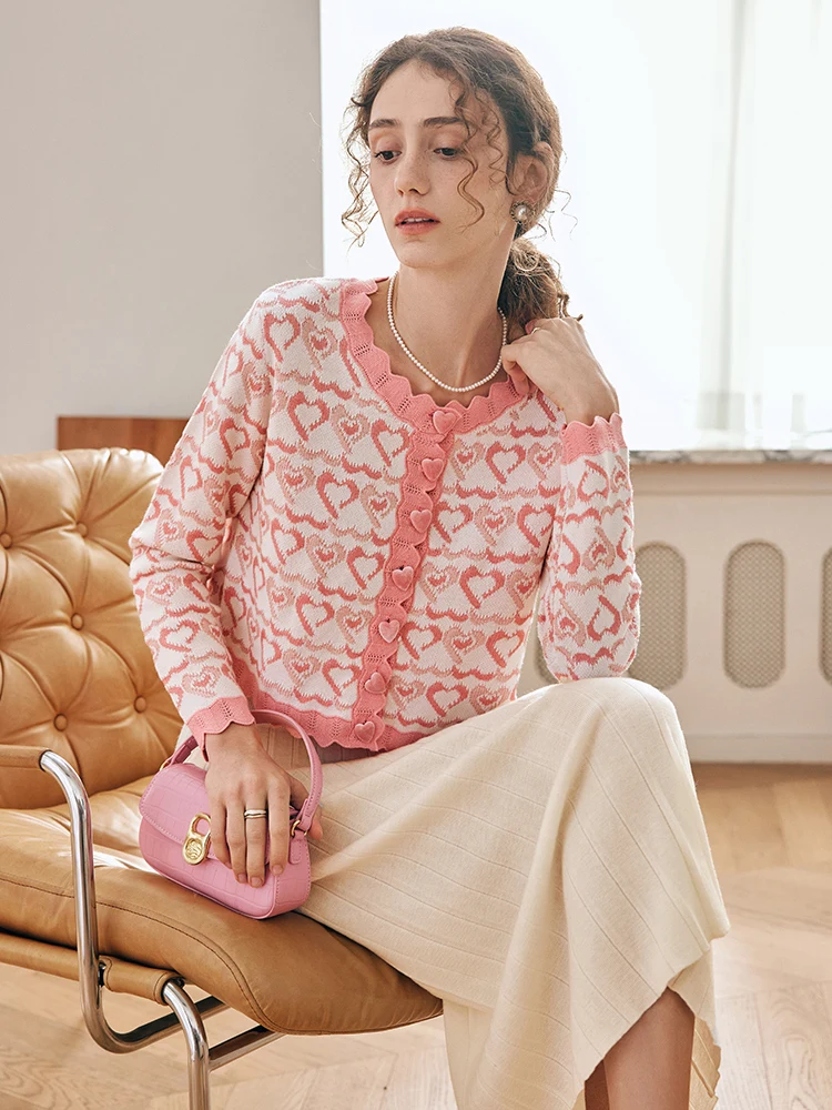 

OLrain, женские французские милые кардиганы, осень 202, жаккардовый свитер с длинными рукавами и сердечками, вязаная женская одежда O23CM66513