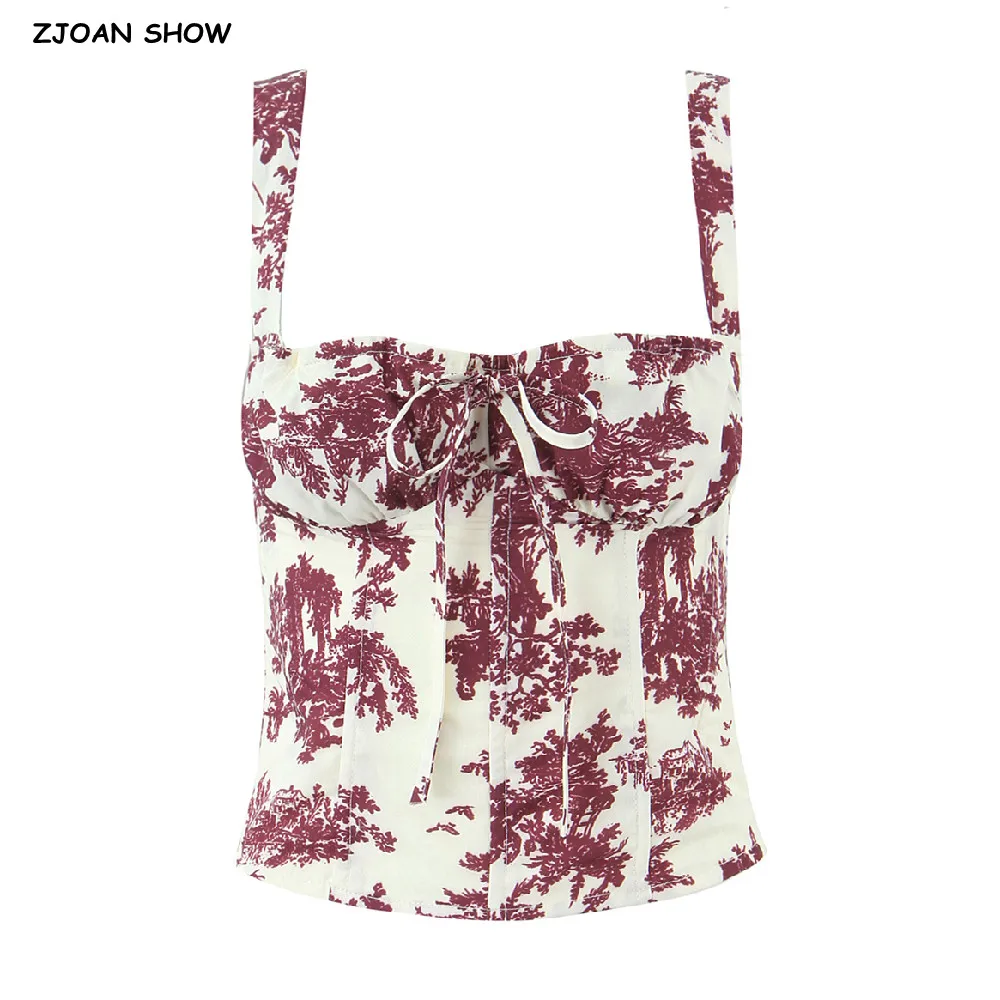 2025 Sexy Floral Print Lacing Up Bow Ruched Chest Camisole Women Fish bone Corset Tank Tops Back Zipper Girl Sexy Slim Crop Top