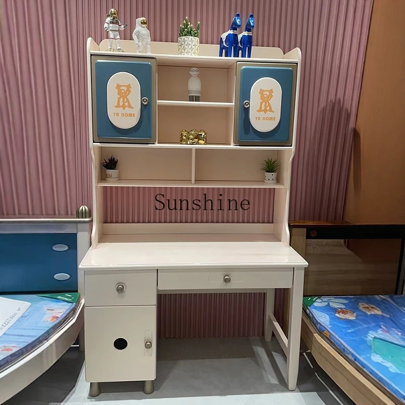 Solid wood children's desk with rack integrated combination computer boy blue learning