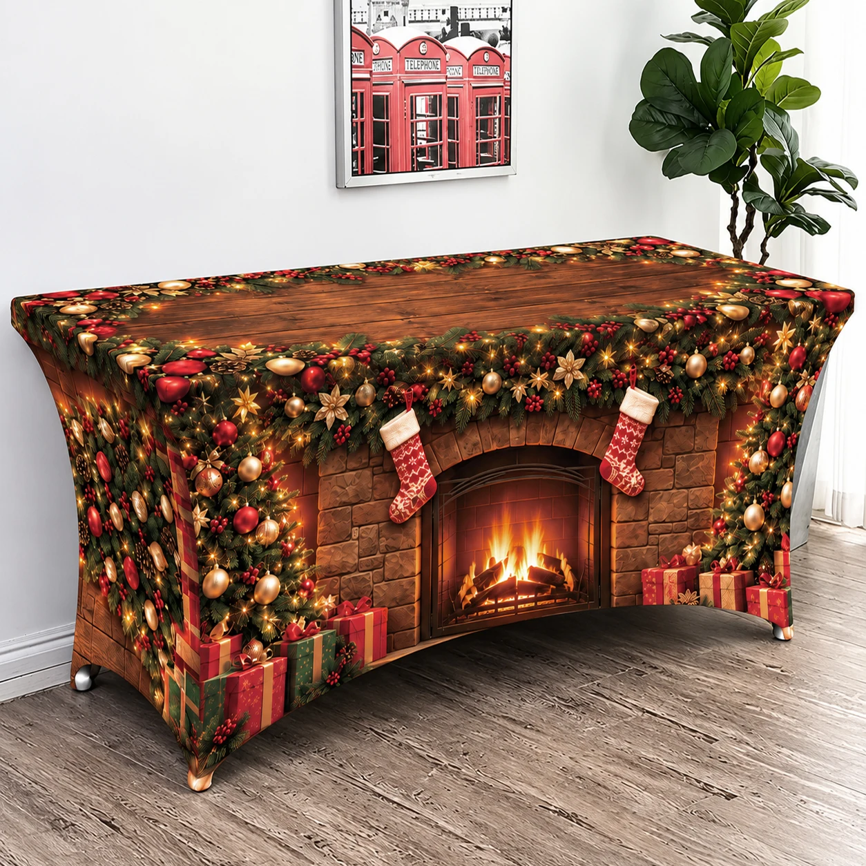 Christmas Fireplace Print Spandex Table Cover Red Brick Stretch Fitted Tablecloth for Xmas Holiday Party Banquet Decorations