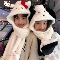 Sanrio Hello Kitty Pochacco Plush Scarf Hooded Women Kawaii Warm Scarves With Hat Glove Y2k Soft Fuzzy Scarf Girl Friends Gifts