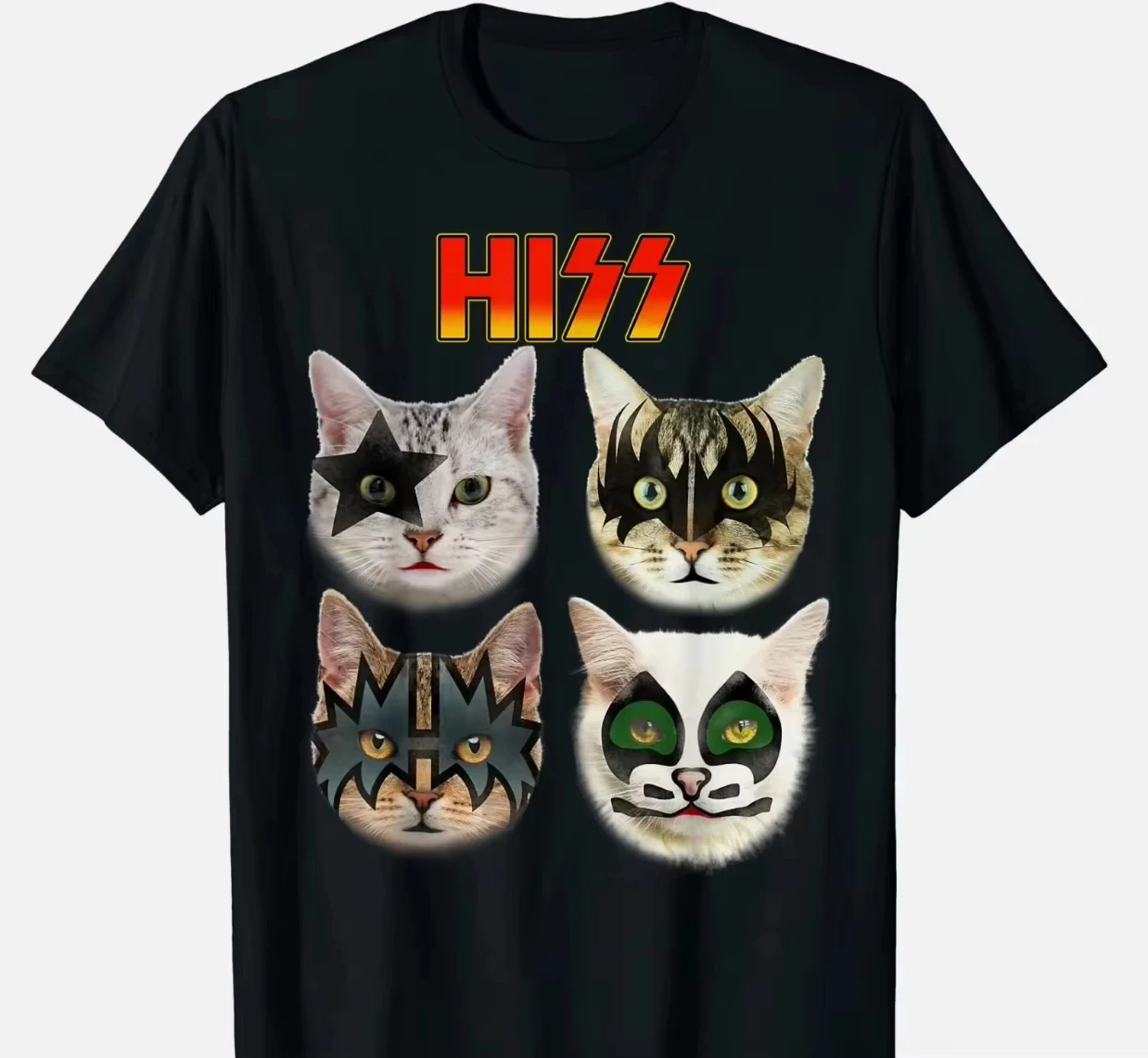 HISS KISS Band Cat Print T-Shirt Casual Cotton Tee Soft Tops for Rock Music Fans Cat Lovers Humorous Harajuku Oversized T Shirt
