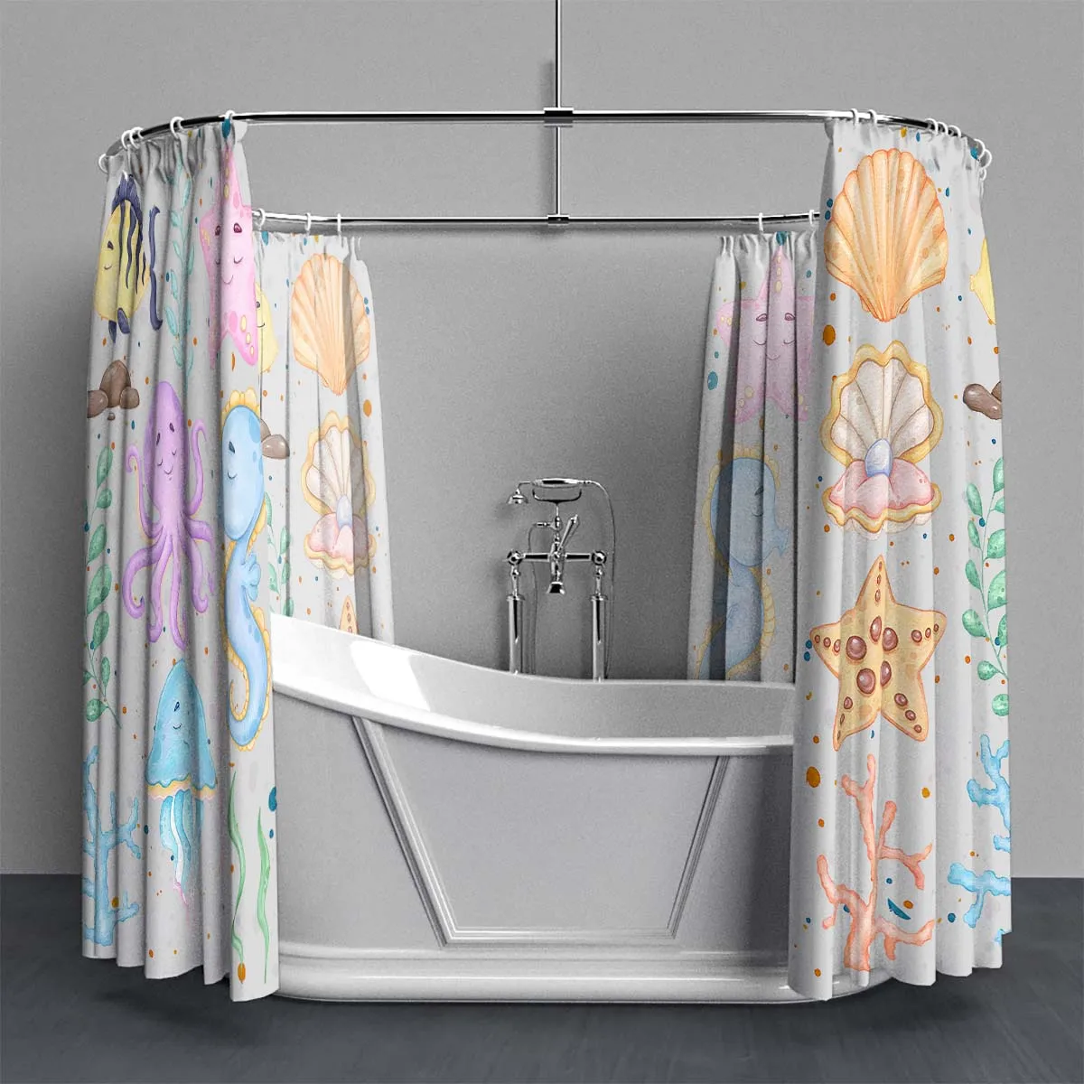 180x180cm bathroom waterproof polyester shower curtain, mold resistant, perforated with hooks, seahorse shell seaweed