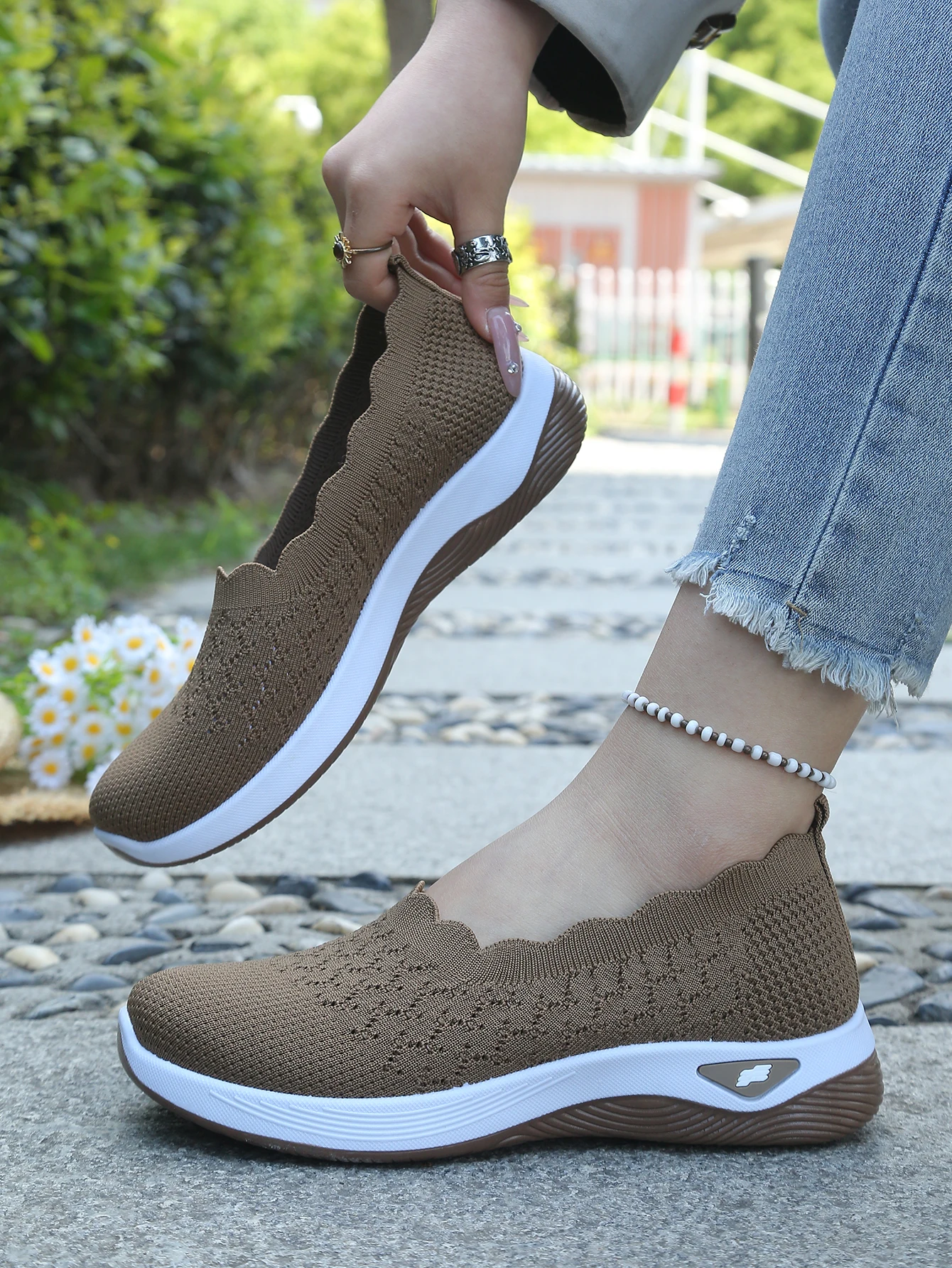 Damen-Slip-On-Freizeitsneaker aus Strick, atmungsaktive, leichte Komfort-Wanderschuhe mit Muschelbesatz, kostenloser Versand – Detail 8