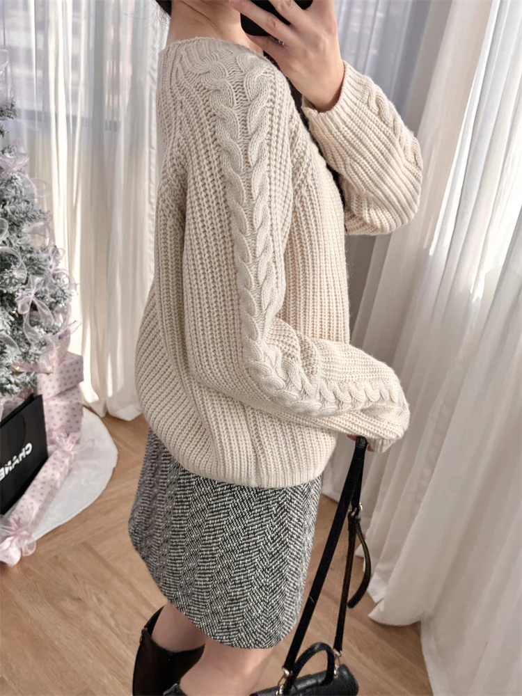 Wool blend sweater autumn and winter new style wheat ear twisted flower pullover knitted sweater retro loose feeling ba French