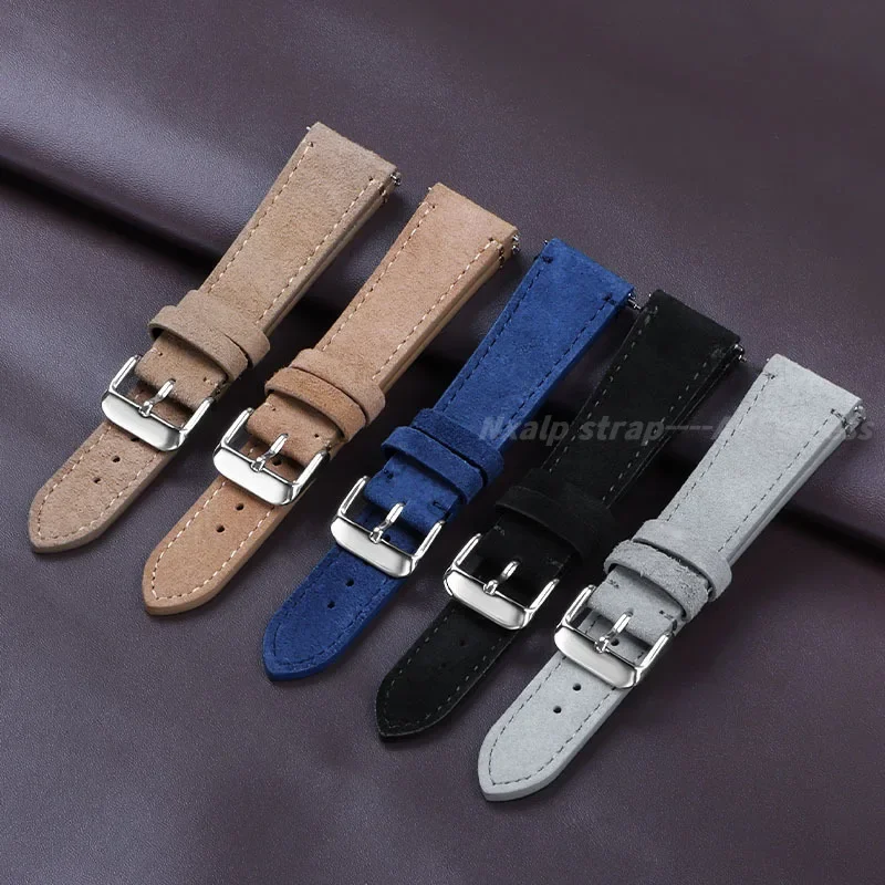 Soft Suede Leather Watch Band 20mm 22mm Blue Brown Cowhide Straps for Omega for Seiko Quick Release Wristband Watch Accessories