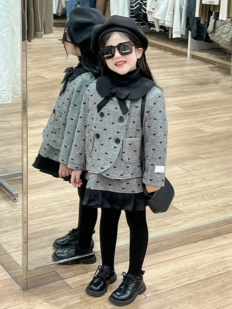 

Girls' Outfit Set Autumn Winter New Full Print Bowknot Vest Dress Quilted Stylish Jacket Fleece Lined Base Shirt Trendy