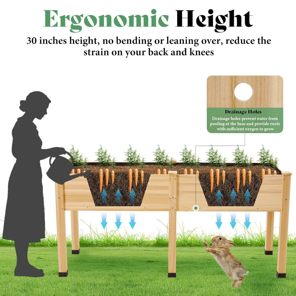 

Raised Garden Bed, 72x24x30 Inches Elevated Wood Planter Box with Legs, Bed Liner, Divider and Drainage System, Customized