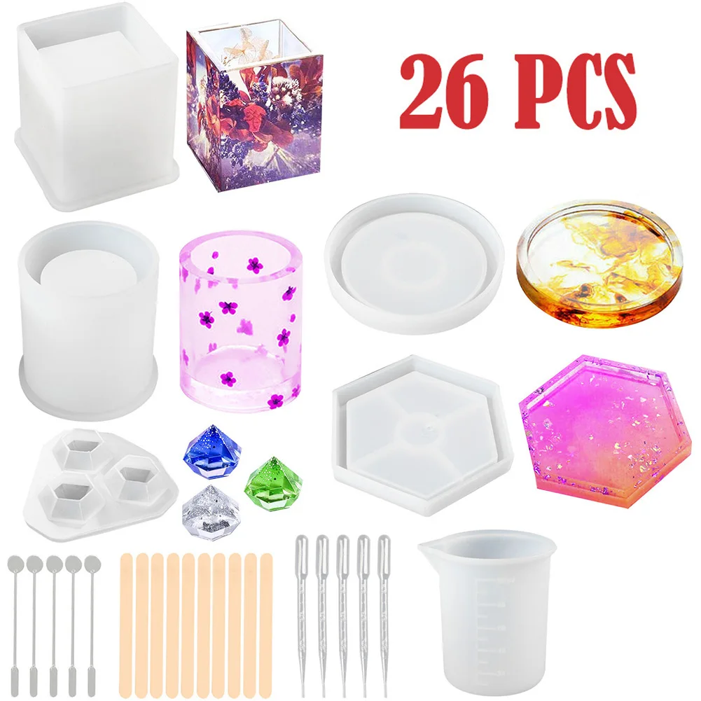 26Pcs/set Epoxy Resin Silicone Molds DIY Tools for Resin Art with Molds, Wooden Stir Sticks, Drippers, Measuring Cups Dropship