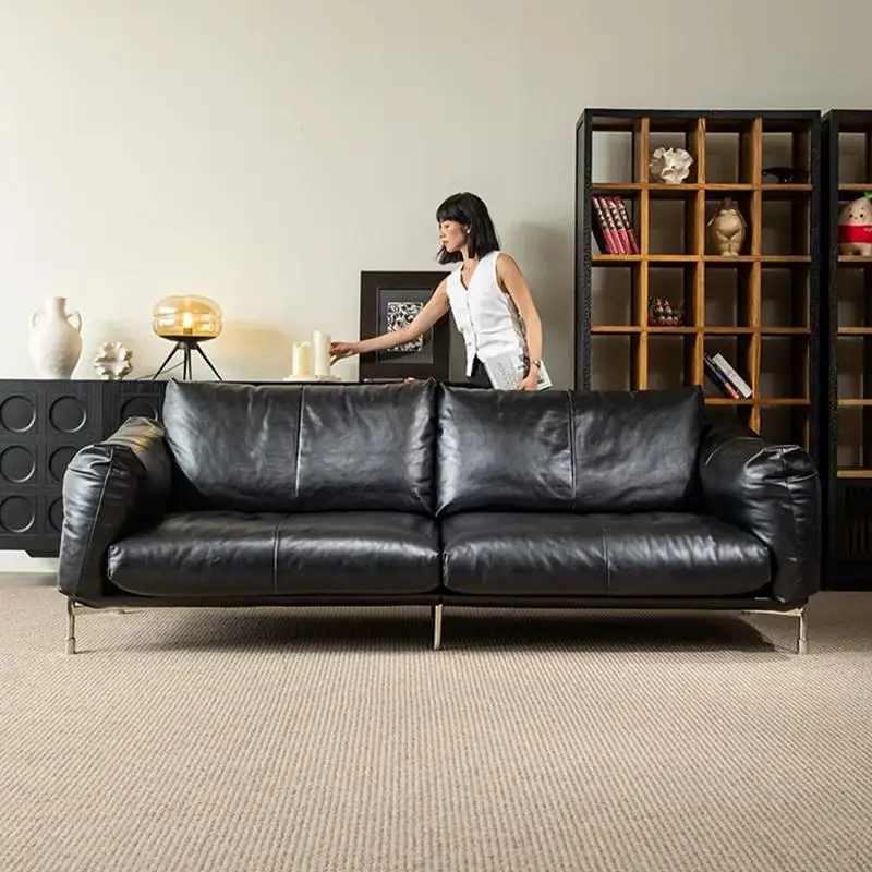 vg-2025 New Model Mid-Century Modern Minimalist Leather Sofa Set Bauhaus Retro Style Black Hammer for Small Living Rooms&
