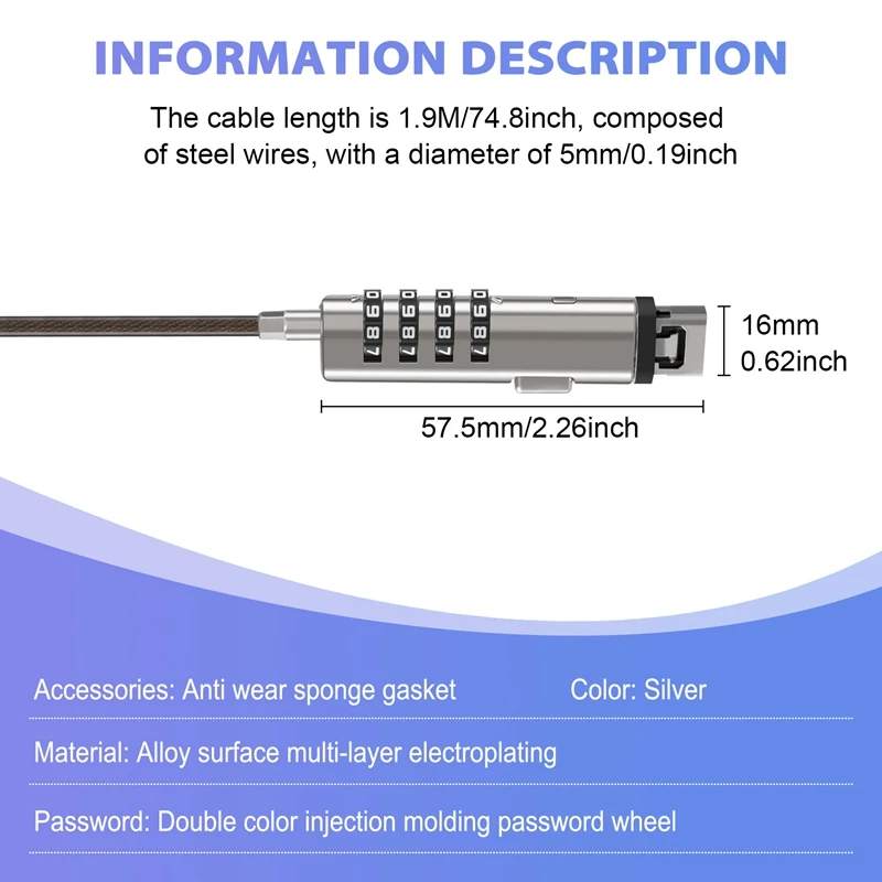 Segurança universal do fechamento para o computador, fechamento do cabo do usb, 4 digitais