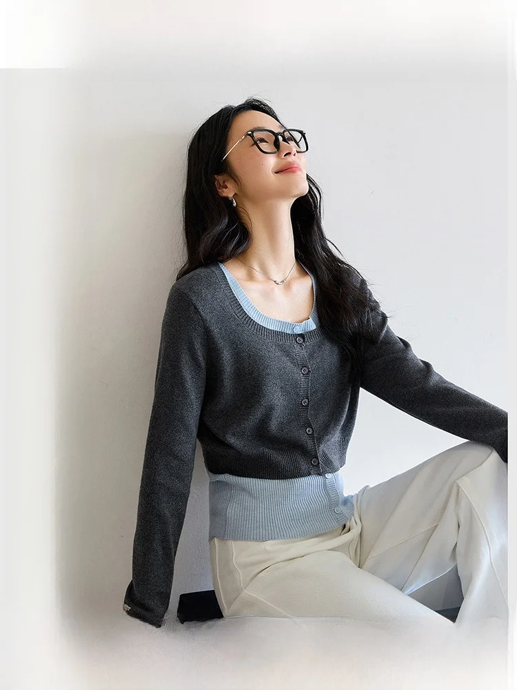 

Женский вязаный комплект из шерстяной смеси: кардиган, жилет, базовый слой, костюм-двойка, осенняя мода, круглый вырез, длинный рукав, круглый воротник