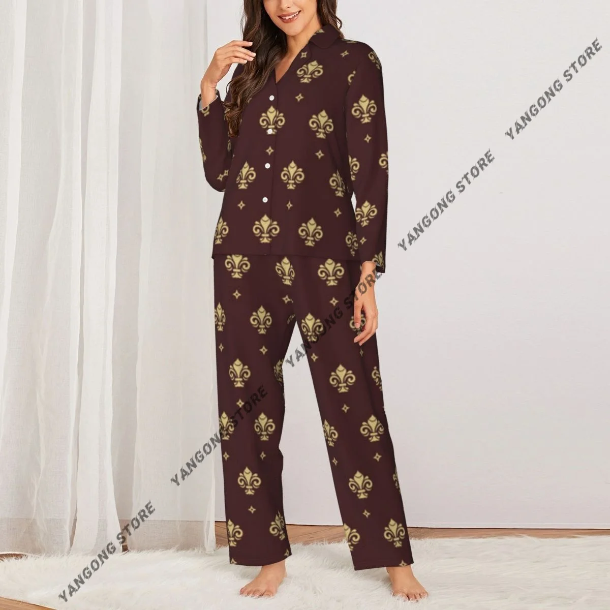 Women Sleepwear Pajamas Geometric Classic Vintage Mardi Gras Long Sleeve Pijama Female Set Negligee Cardigan Suit