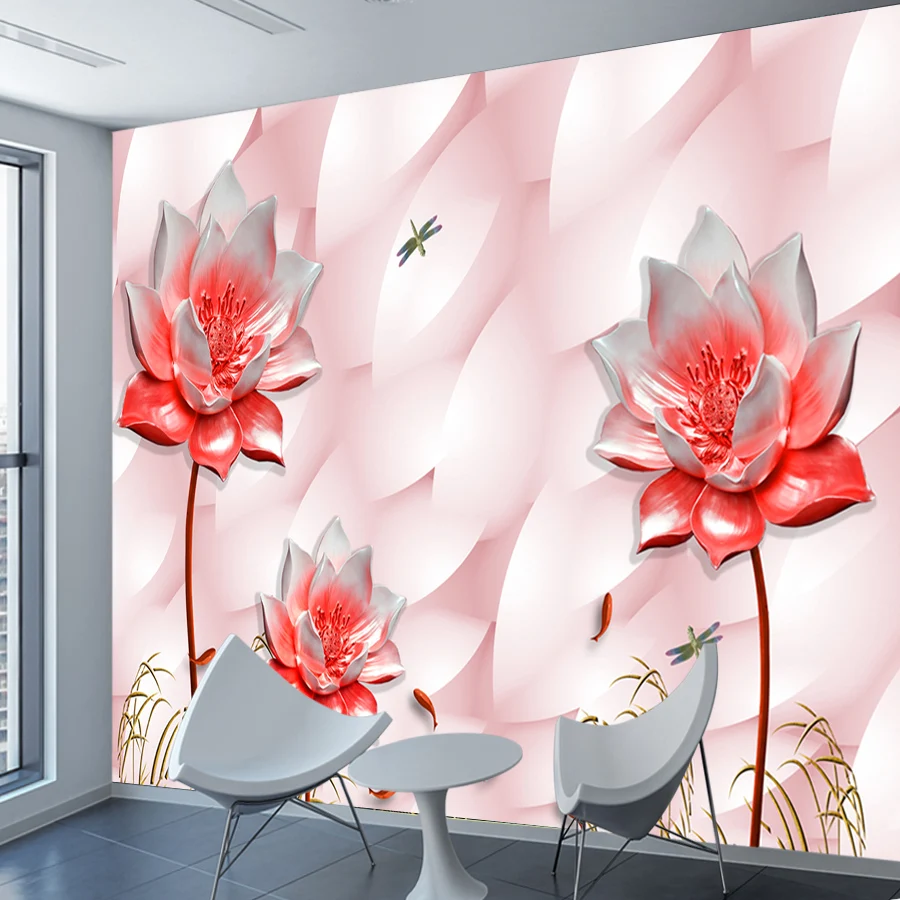 Cartoon Peel and Stick Optional Custom Red Lotus Blossom Wallpapers for Living Room Sofa Wall Covering Papers Home Decor Murals