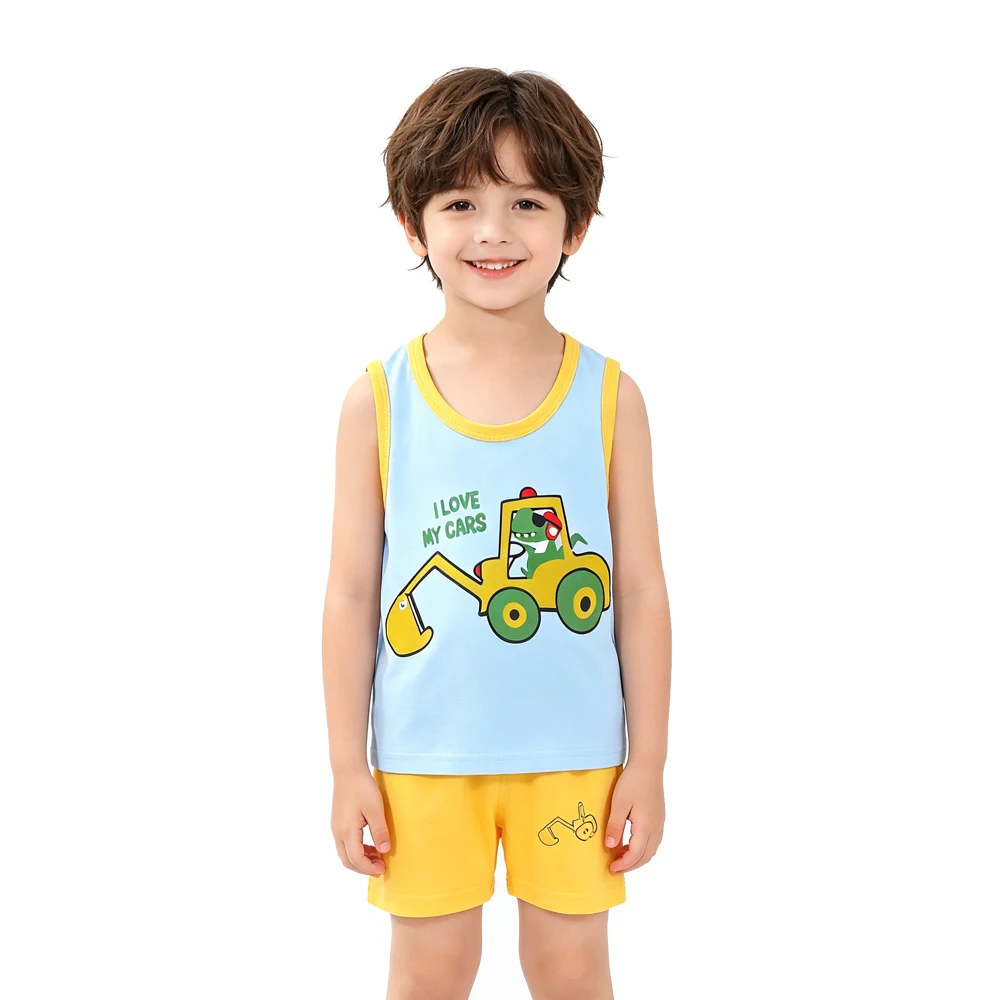 Animal Cartoon Print Boys Sleeveless Pajamas Sets Cotton Kids Tank Tops+Shorts 2pcs Clothing Suits Homewear Nightwear for 0-7Yr