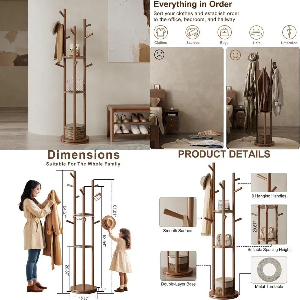 

Отдельно стоящая вешалка из цельного дерева с 3 полками и 9 крючками для домашней прихожей, спальни и гостиной