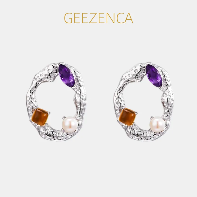 

GEEZENCA S925 Silver Hammered Pearl Colored Stone Hollow Circle Stud Earrings For Women Fashion Dainty Chunky Earring Party Gift