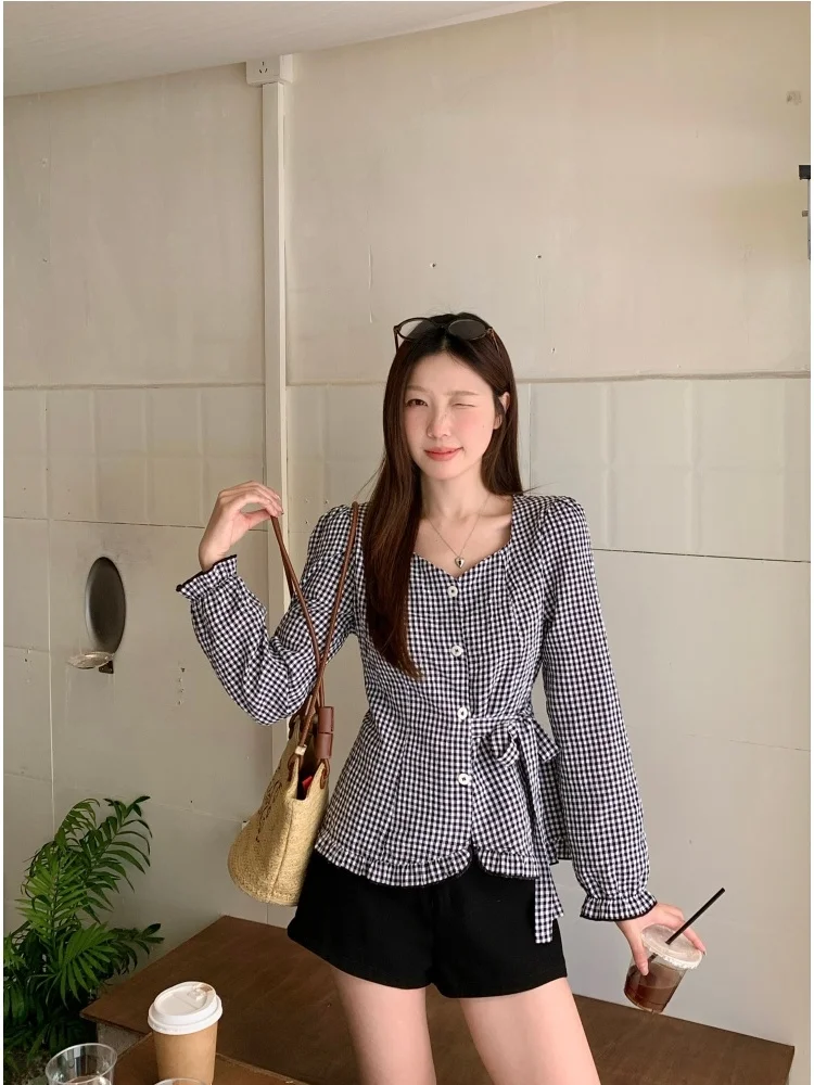 

plus Size Women's Gentle Style Long Sleeve Shirt Spring New Plaid Cover Belly Slimming Waist Cinched Korean Style Top