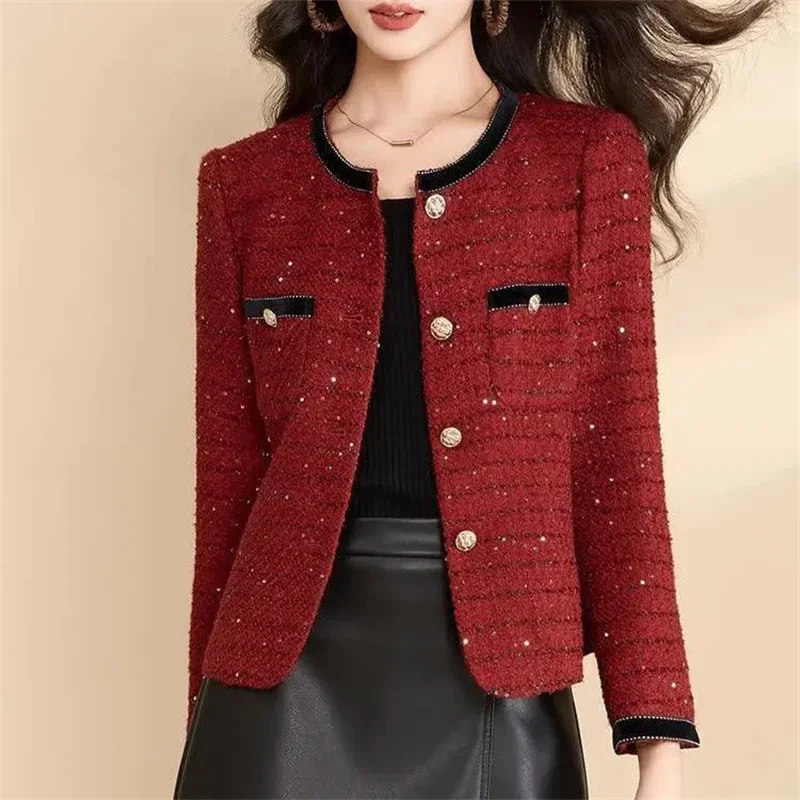 Frauen Tweed Woolen Mantel einreiher Strickjacke Kurze Jacke 2025, Frühling Herbst Kleine Duft Jacke Weibliche Oberbekleidung Tops