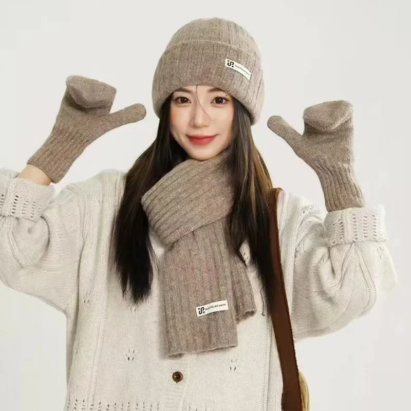 Thickened Wool Knitted Scarf Hat Gloves Three-piece Set for Women Warm Pure Color Autumn Winter Fashion Commuting Style