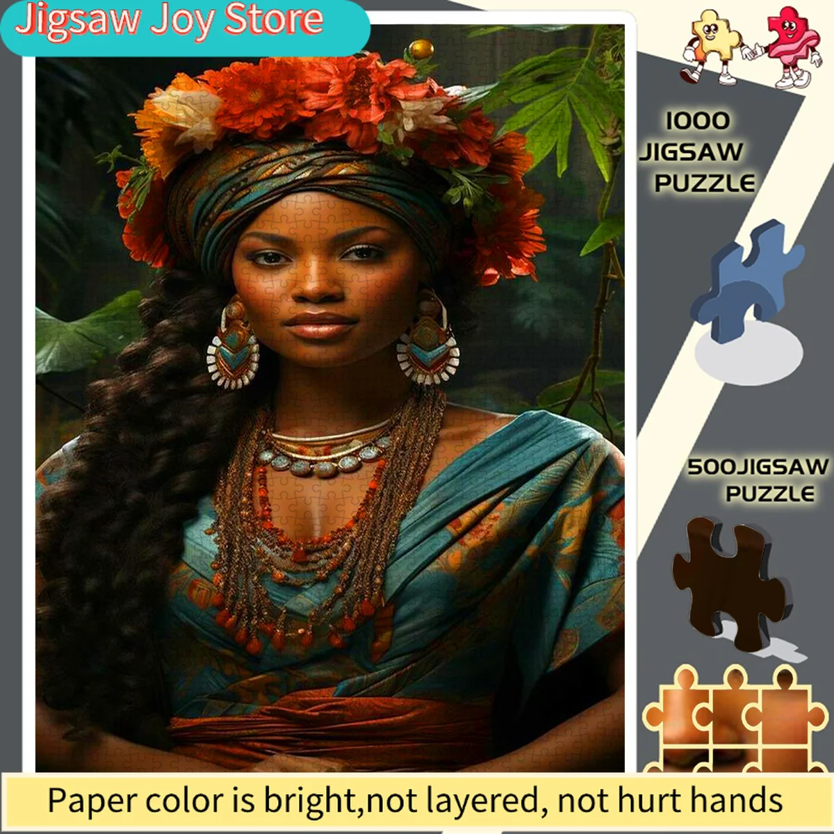 

Пазл «Африканская женщина с цветочным венком и украшениями» — яркий сине-оранжевый традиционный наряд, картонный пазл-конструктор для взрослых